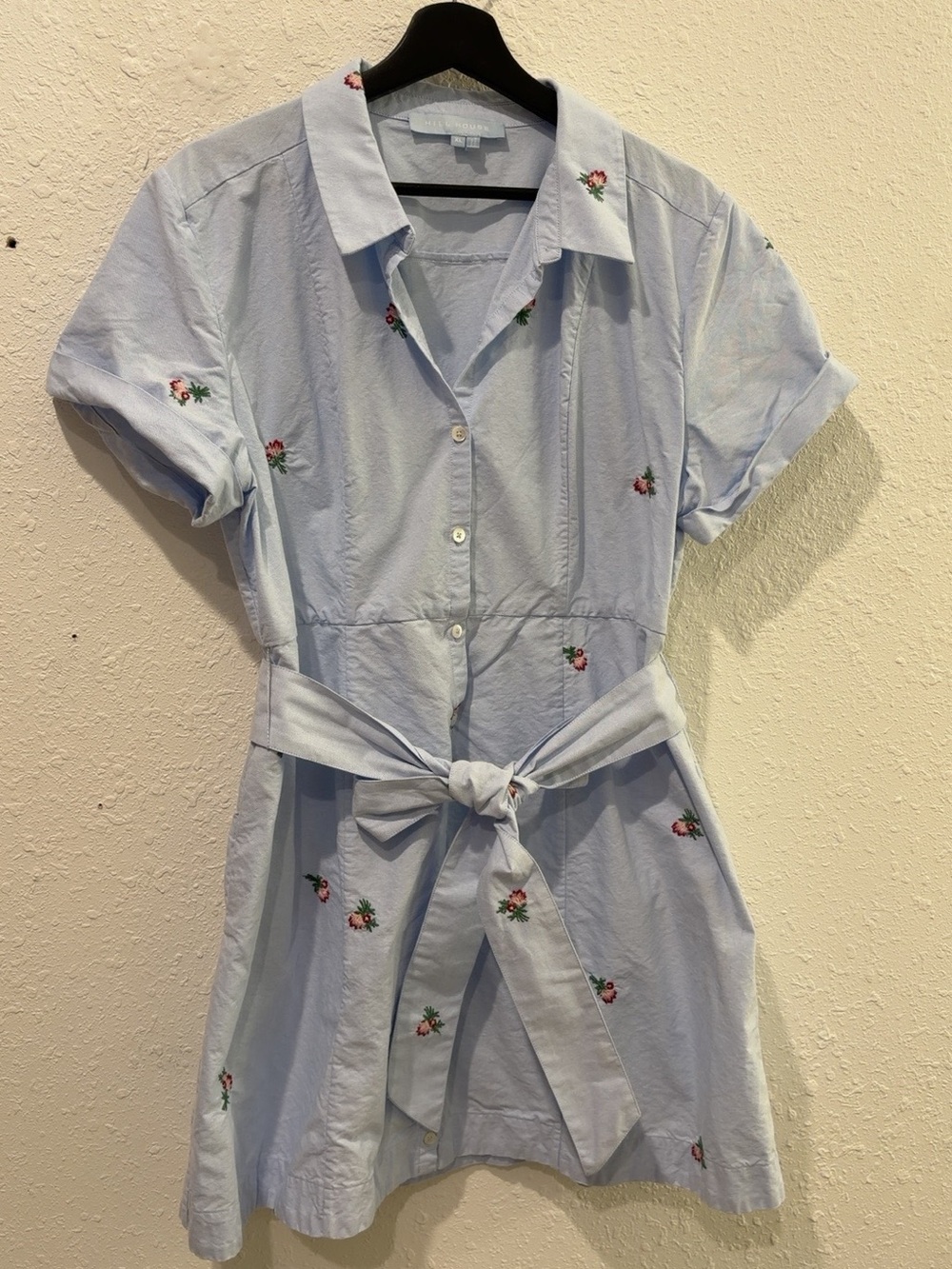 Hill House Light Blue Embroidered Shirt Dress with Self-Tie